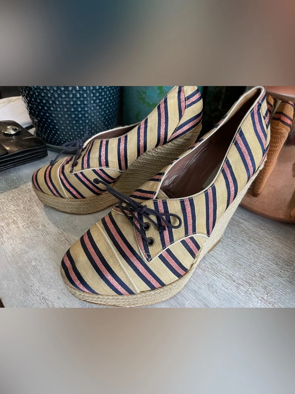 Tabitha Simmons Striped Espadrille Wedge Oxford shoes 38